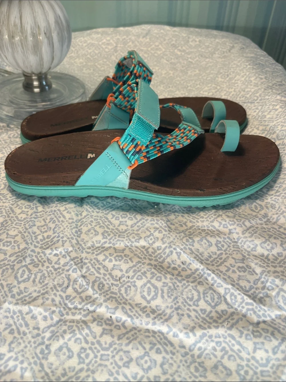 Merrell Around Town Sun Vue Turquoise/Orange Braided Toe-Loop Sandals Thong Sz 9